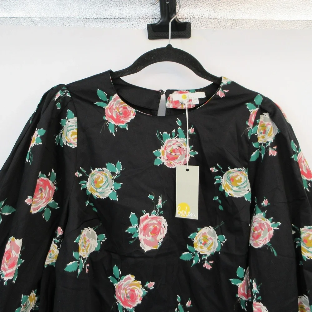 NWT Boden Womens Black Floral Rose Puff Sleeve Cotton Poplin Top US 8